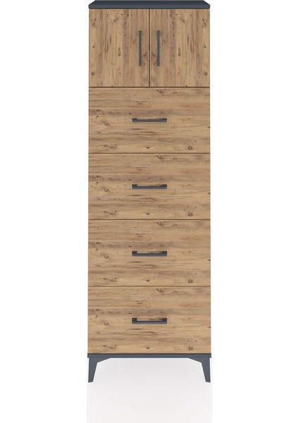 Arges Dolap 2 Raflı 4 Çekmeceli 2 Kapaklı 60X30X182 Antrasit-Çam