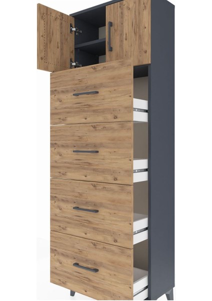 Arges Dolap 2 Raflı 4 Çekmeceli 2 Kapaklı 60X30X182 Antrasit-Çam indirimleri