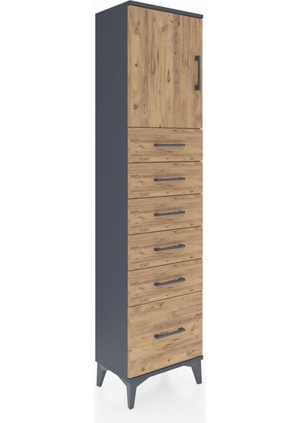 Arges Dolap Tek Raflı 6 Çekmeceli Tek Kapaklı 44X30X182 Antrasit-Çam fiyatları