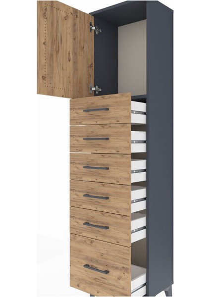 Arges Dolap Tek Raflı 6 Çekmeceli Tek Kapaklı 44X30X182 Antrasit-Çam indirimleri