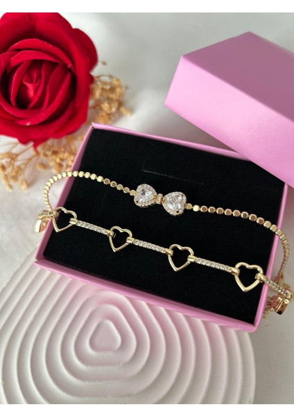 Taşlı Yonca Çiçek Bileklik Ezme Zincir Bileklik Altın Renk 2'li Vip Xuping Set Sevgiliye Hediye