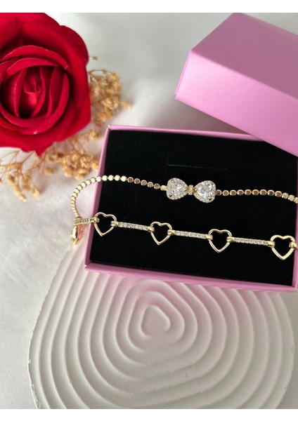 Taşlı Yonca Çiçek Bileklik Ezme Zincir Bileklik Altın Renk 2'li Vip Xuping Set Sevgiliye Hediye fiyatları