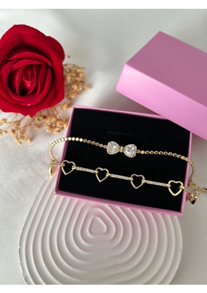 Taşlı Yonca Çiçek Bileklik Ezme Zincir Bileklik Altın Renk 2'li Vip Xuping Set Sevgiliye Hediye fırsatları