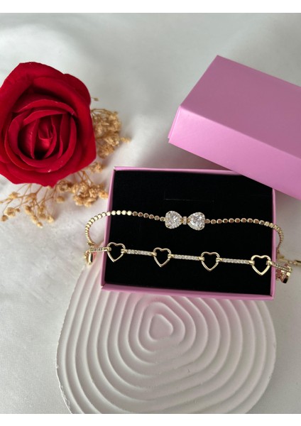 Taşlı Yonca Çiçek Bileklik Ezme Zincir Bileklik Altın Renk 2'li Vip Xuping Set Sevgiliye Hediye indirimleri