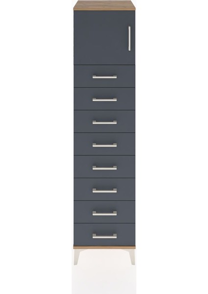 Hyperion Dolap Tek Raflı 8 Çekmeceli Tek Kapaklı 44X44X182 Çam-Antrasit