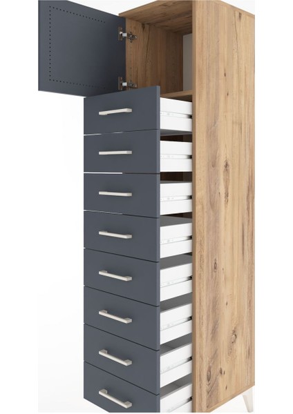 Hyperion Dolap Tek Raflı 8 Çekmeceli Tek Kapaklı 44X44X182 Çam-Antrasit indirimleri