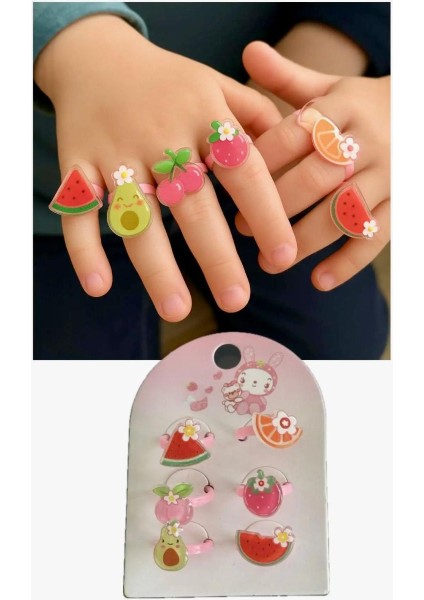 Kız Çocuk Karışık Meyve Desenli Arkası Sıkıştırmalı 6 Adet Yüzük Seti
