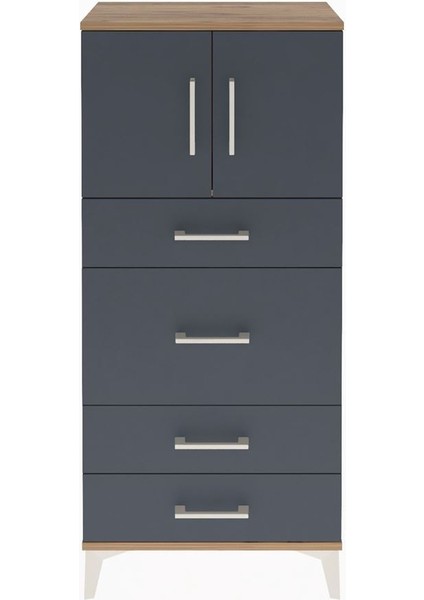 Arges Dolap Tek Raflı 4 Çekmeceli 2 Kapaklı 60X30X134 Çam-Antrasit