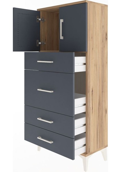 Arges Dolap Tek Raflı 4 Çekmeceli 2 Kapaklı 60X30X134 Çam-Antrasit fırsatları