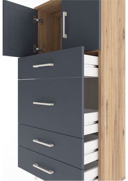 Arges Dolap Tek Raflı 4 Çekmeceli 2 Kapaklı 60X30X134 Çam-Antrasit indirimleri