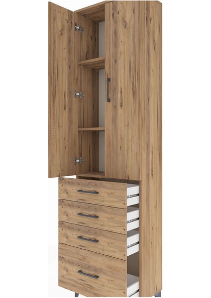 Arges Dolap 3 Raflı 4 Çekmeceli 2 Kapaklı 60X30X221 Çam-Çam indirimleri