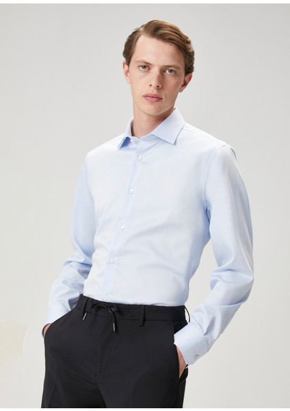 Slim Fit Açık Mavi Armürlü Non-Iron Gömlek