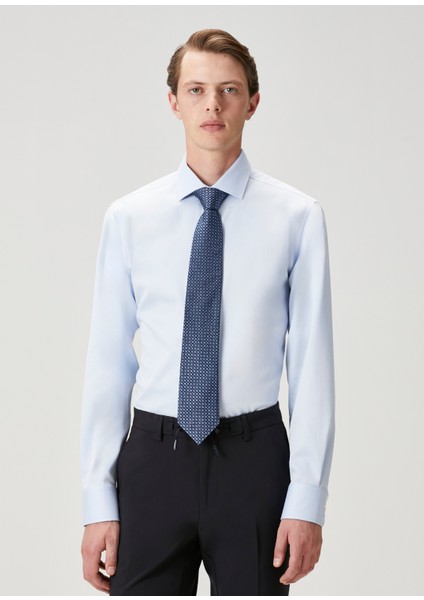Slim Fit Açık Mavi Armürlü Non-Iron Gömlek modelleri