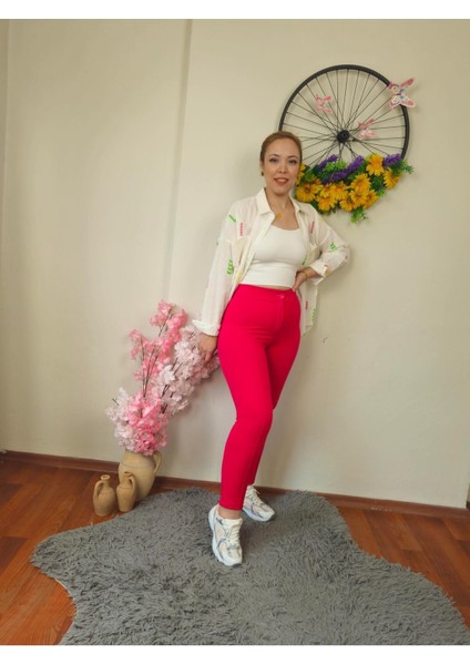 Krep Kumaş Fuşya Dar Paça Pantolon