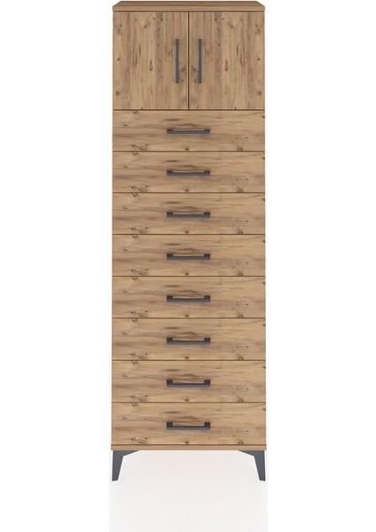 Arges Dolap 2 Raflı 8 Çekmeceli 2 Kapaklı 60X30X182 Çam-Çam