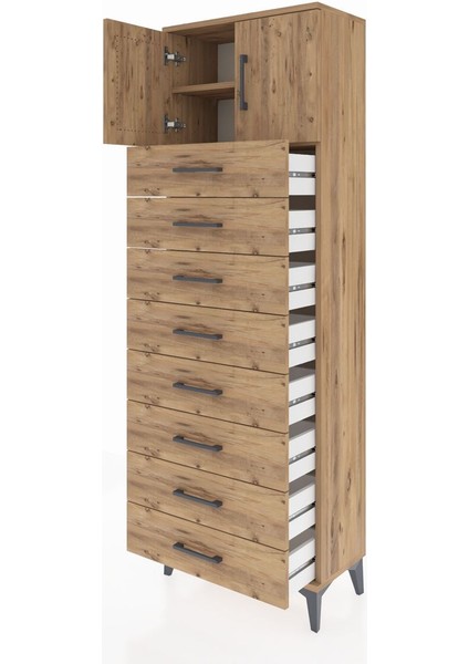 Arges Dolap 2 Raflı 8 Çekmeceli 2 Kapaklı 60X30X182 Çam-Çam fırsatları