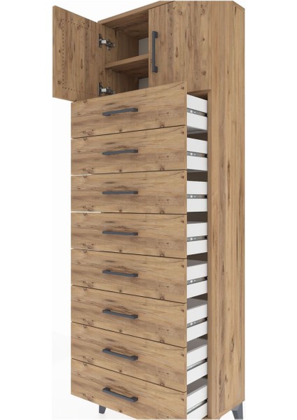 Arges Dolap 2 Raflı 8 Çekmeceli 2 Kapaklı 60X30X182 Çam-Çam indirimleri