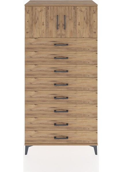 Hyperion Dolap Tek Raflı 8 Çekmeceli 2 Kapaklı 88X44X182 Çam-Çam