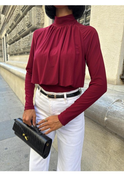 Döküm Detaylı Boğazlı Sandy Bluz -Bordo modelleri