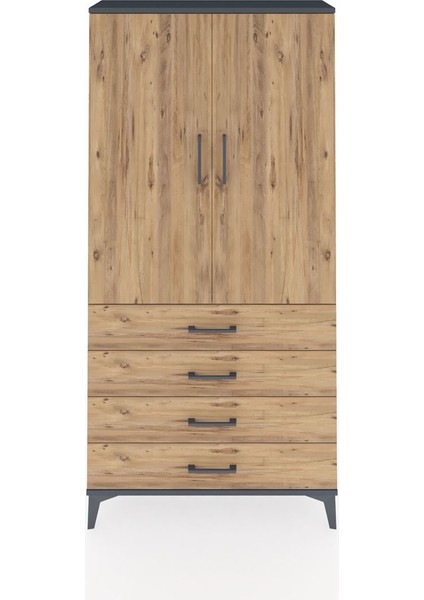 Arges Dolap 3 Raflı 4 Çekmeceli 2 Kapaklı 88X30X182 Antrasit-Çam