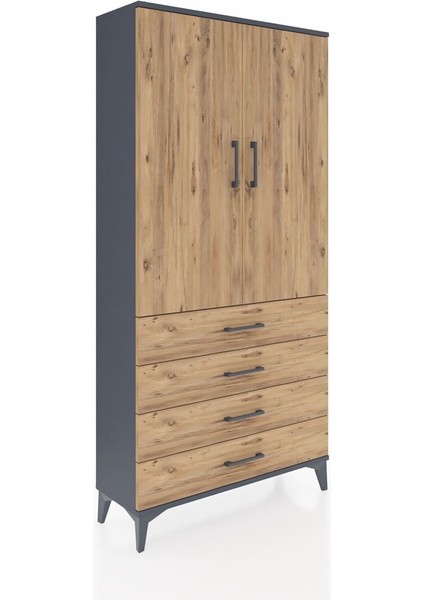 Arges Dolap 3 Raflı 4 Çekmeceli 2 Kapaklı 88X30X182 Antrasit-Çam fiyatları
