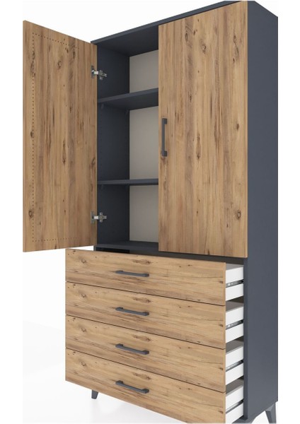 Arges Dolap 3 Raflı 4 Çekmeceli 2 Kapaklı 88X30X182 Antrasit-Çam indirimleri