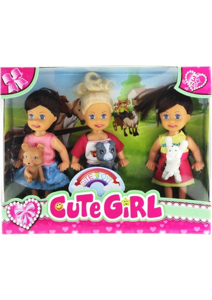 Cute Girl Mini Bebek ve Evcil Hayvan Üçlü Set