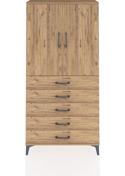 Arges Dolap 3 Raflı 5 Çekmeceli 2 Kapaklı 88X30X182 Çam-Çam