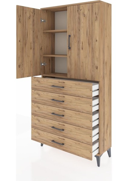 Arges Dolap 3 Raflı 5 Çekmeceli 2 Kapaklı 88X30X182 Çam-Çam fırsatları