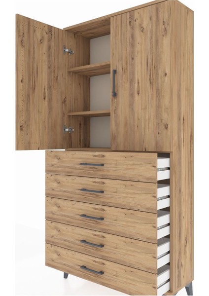 Arges Dolap 3 Raflı 5 Çekmeceli 2 Kapaklı 88X30X182 Çam-Çam indirimleri