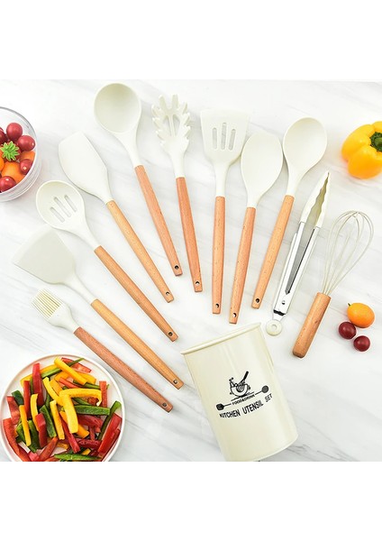 Ezere 11 Parça Silikon Uçlu Ahşap Saplı Mutfak Seti ve Saklama KUTUSU-(1903)