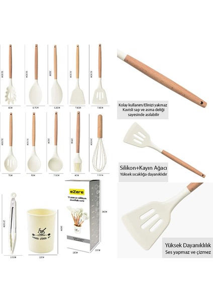 Ezere 11 Parça Silikon Uçlu Ahşap Saplı Mutfak Seti ve Saklama KUTUSU-(1903) modelleri