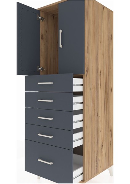 Kronos Dolap Tek Raflı 5 Çekmeceli 2 Kapaklı 60X59X182 Çam-Antrasit indirimleri