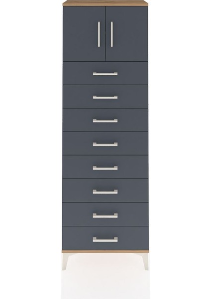 Arges Dolap 2 Raflı 8 Çekmeceli 2 Kapaklı 60X30X182 Çam-Antrasit