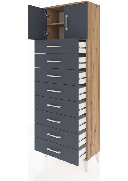 Arges Dolap 2 Raflı 8 Çekmeceli 2 Kapaklı 60X30X182 Çam-Antrasit fırsatları