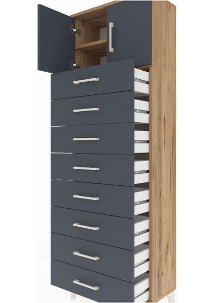 Arges Dolap 2 Raflı 8 Çekmeceli 2 Kapaklı 60X30X182 Çam-Antrasit indirimleri