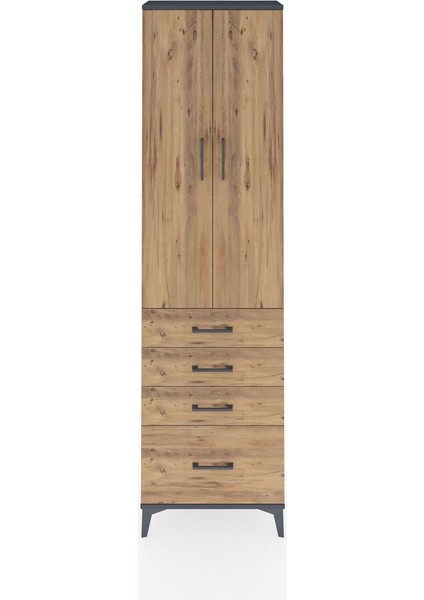 Arges Dolap 3 Raflı 4 Çekmeceli 2 Kapaklı 60X30X221 Antrasit-Çam