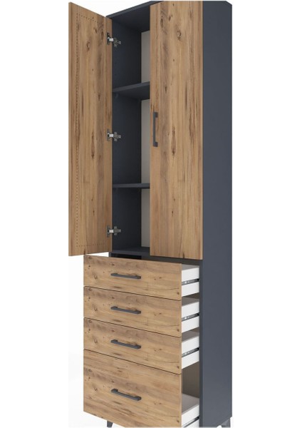 Arges Dolap 3 Raflı 4 Çekmeceli 2 Kapaklı 60X30X221 Antrasit-Çam indirimleri