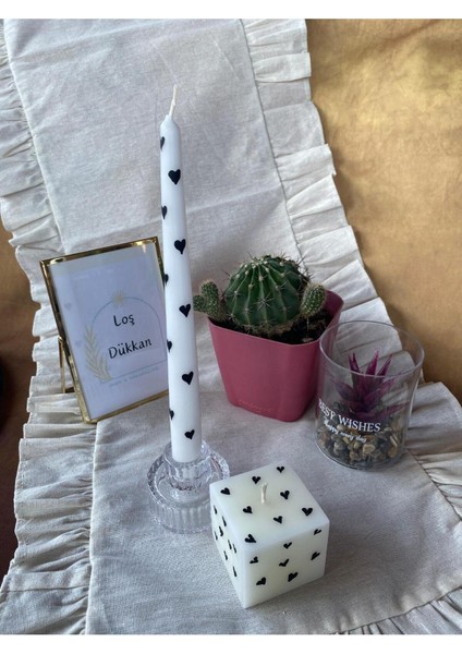 2li Set Kalpli Şamdan Mumu ve Küp Mum Kalp Desenli El Çizimi Beyaz Mum fırsatları