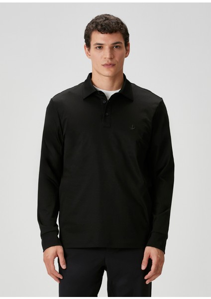 Comfort Fit Siyah Polo Yaka Sweatshirt