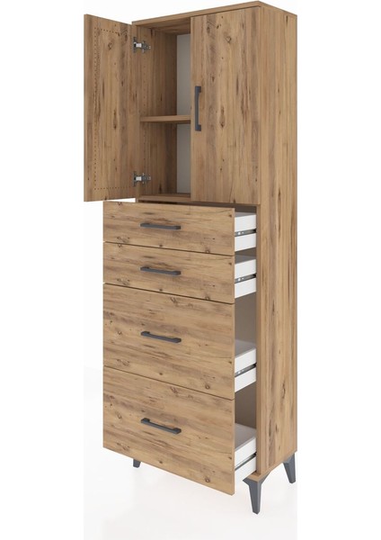 Arges Dolap 2 Raflı 4 Çekmeceli 2 Kapaklı 60X30X182 Çam-Çam fırsatları