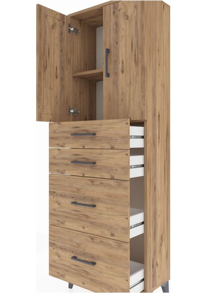 Arges Dolap 2 Raflı 4 Çekmeceli 2 Kapaklı 60X30X182 Çam-Çam indirimleri