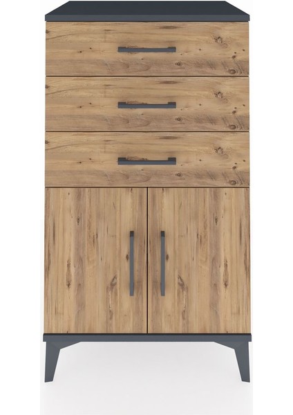Hyperion Komodin Tek Raflı 3 Çekmeceli 2 Kapaklı 60X44X106 Antrasit-Çam