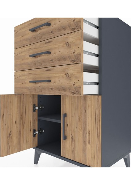 Hyperion Komodin Tek Raflı 3 Çekmeceli 2 Kapaklı 60X44X106 Antrasit-Çam indirimleri