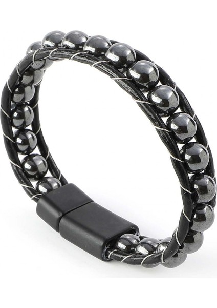 Hematit Doğaltaşlı Deri Bileklik 31832B2D8M5