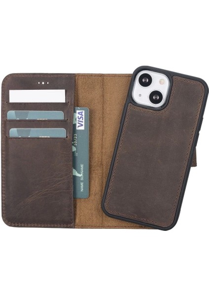 Apple iPhone 13 Mini Uyumlu Deri Cüzdanlı Kılıf G6 Kahverengi