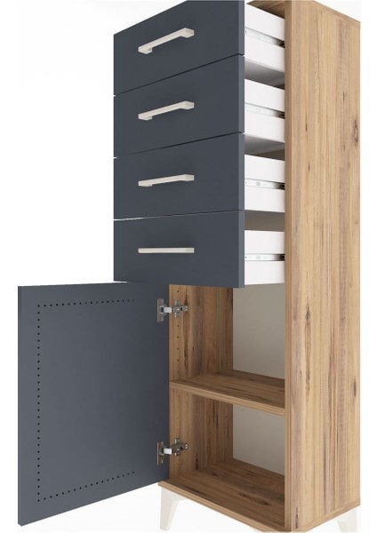 Arges Dolap Tek Raflı 4 Çekmeceli Tek Kapaklı 44X30X134 Çam-Antrasit indirimleri