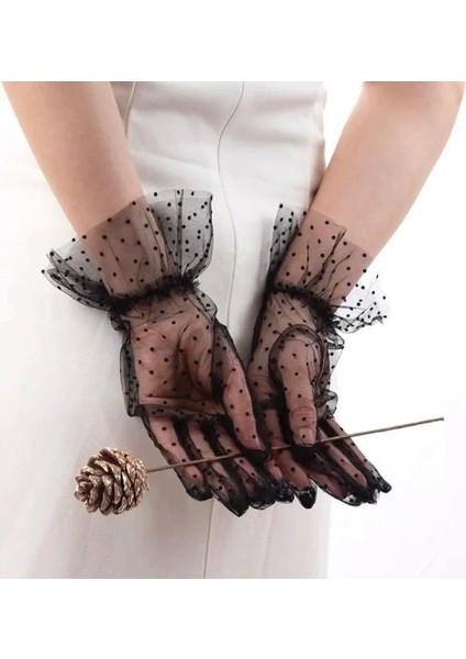 Kısa Güpürlü Siyah Puantiyeli Tül Eldiven indirimleri