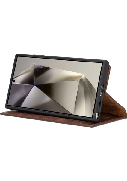 Samsung Galaxy S24 Ultra Uyumlu, Deri Cüzdanlı Kılıf, Antik Kahve modelleri