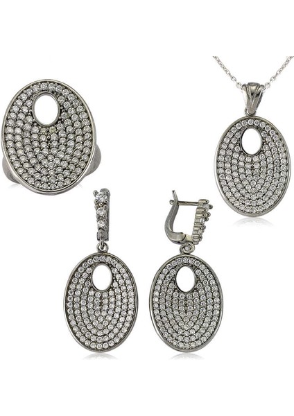 Gümüş Beyaz Taşlı Oval Bayan Set